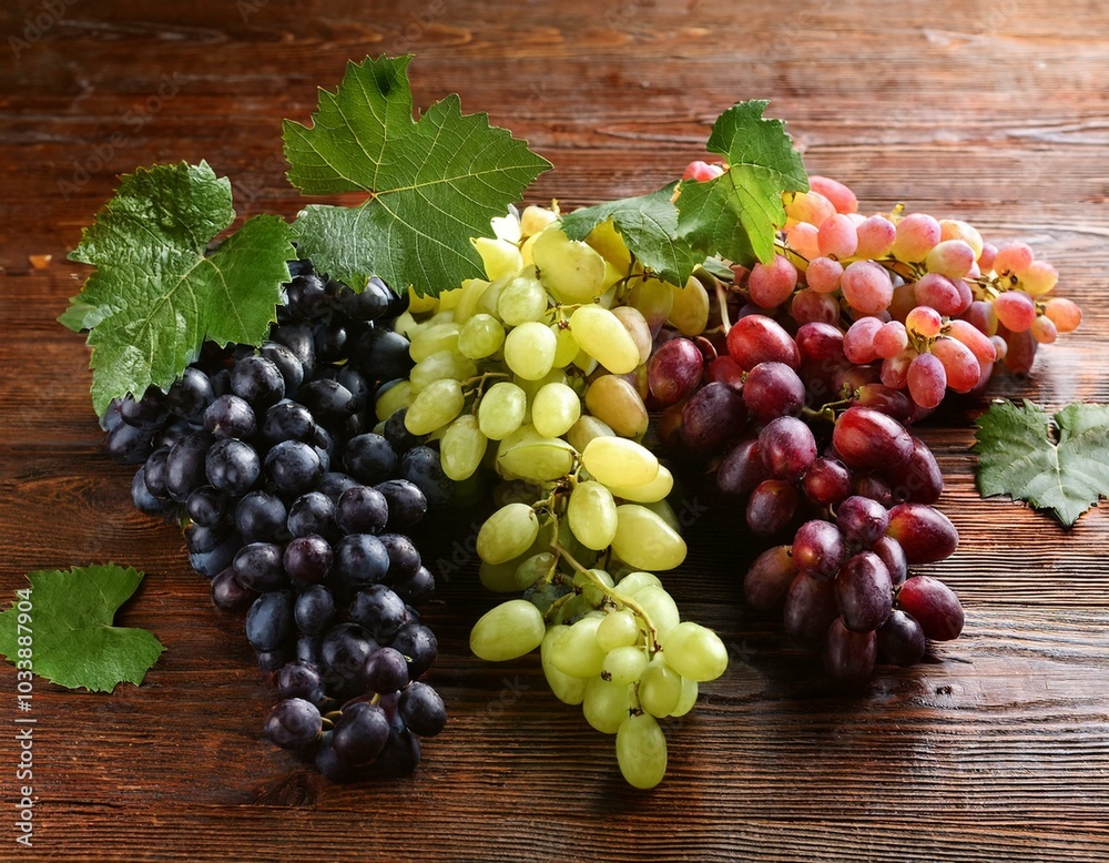 Bunches of grapes of different colors with green leaves on wooden table Bunches of grapes of different colors with green leaves on wooden table