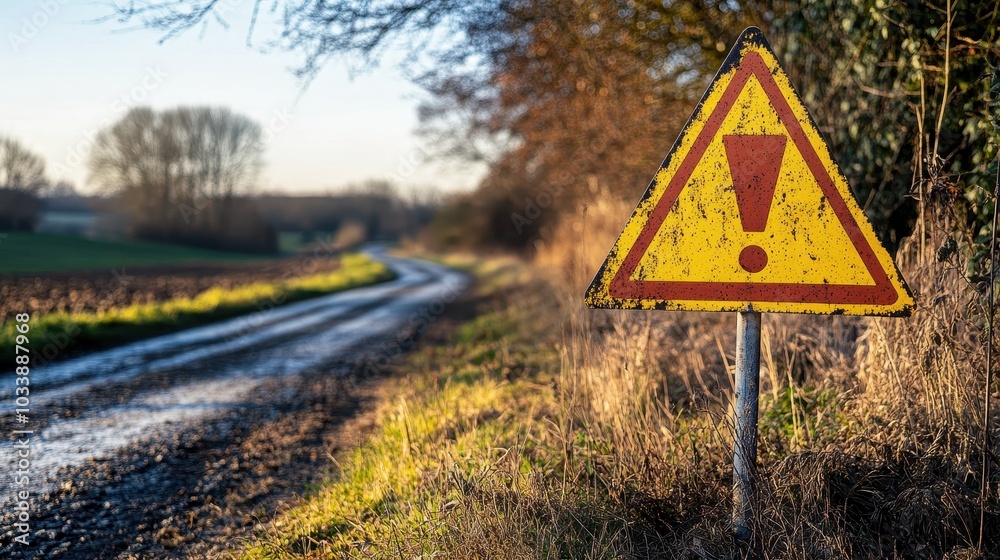 Warning road sign. Exclamation mark in a yellow triangle in the countryside Warning road sign. Exclamation mark in a yellow triangle in the countryside