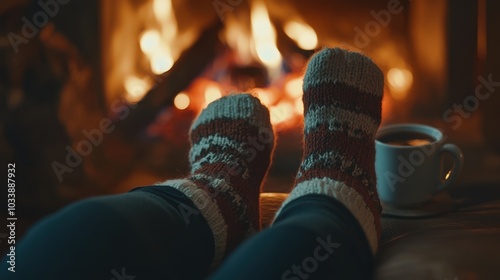 The feet of a woman in woollen socks warming up in a warm fire with a cup of hot drink and warming themselves up in woollen socks. Concept for Christmas and winter holidays.