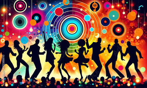 Tänzer, auf der Tanzfläche, die zu lebhafter ausgelassen Musik tanzen, bunte Bühnenlichter, Schlagerparty, copy space