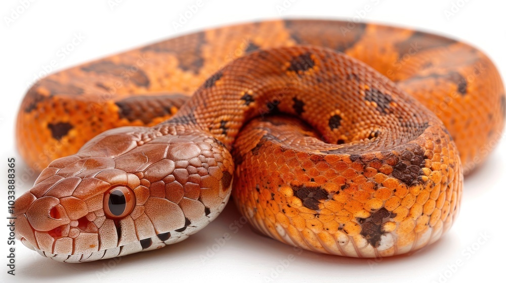 Close up view of a coiled venomous snake with striking orange and brown patterned scales resting in its natural environment The reptilian predator is curled up and ready to strike Close up view of a coiled venomous snake with striking orange and brown patterned scales resting in its natural environment The reptilian predator is curled up and ready to strike
