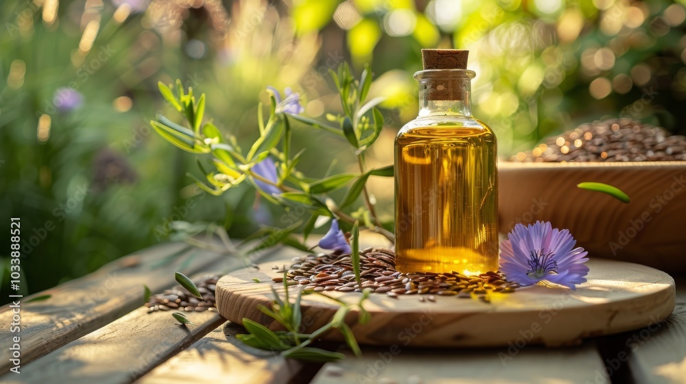 linseed oil on the table in small bottles, selective focus, Generative AI, linseed oil on the table in small bottles, selective focus, Generative AI,