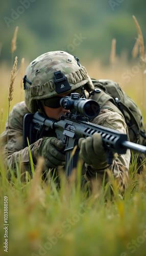 An army sniper lies low in the grass, carefully taking aim through a high-powered scope. The sniper's camouflaged gear blends seamlessly with the surrounding foliage photo