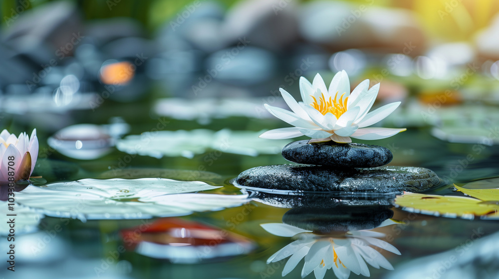 white lily flower on the surface of the water selective focus, the concept of spa therapy of tranquility meditation of unity with nature rest from the hustle and bustle of the city