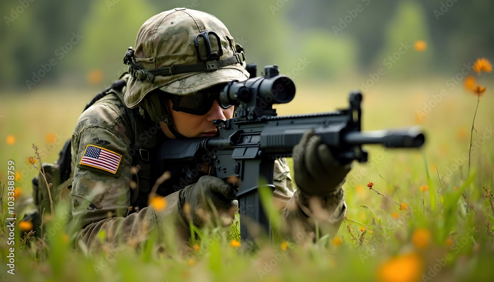 An army sniper lies low in the grass, carefully taking aim through a high-powered scope. The sniper's camouflaged gear blends seamlessly with the surrounding foliage An army sniper lies low in the grass, carefully taking aim through a high-powered scope. The sniper's camouflaged gear blends seamlessly with the surrounding foliage
