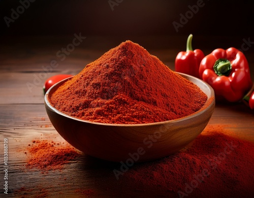 Rustic bowl with spicy paprika powder on wooden table with fresh peppers