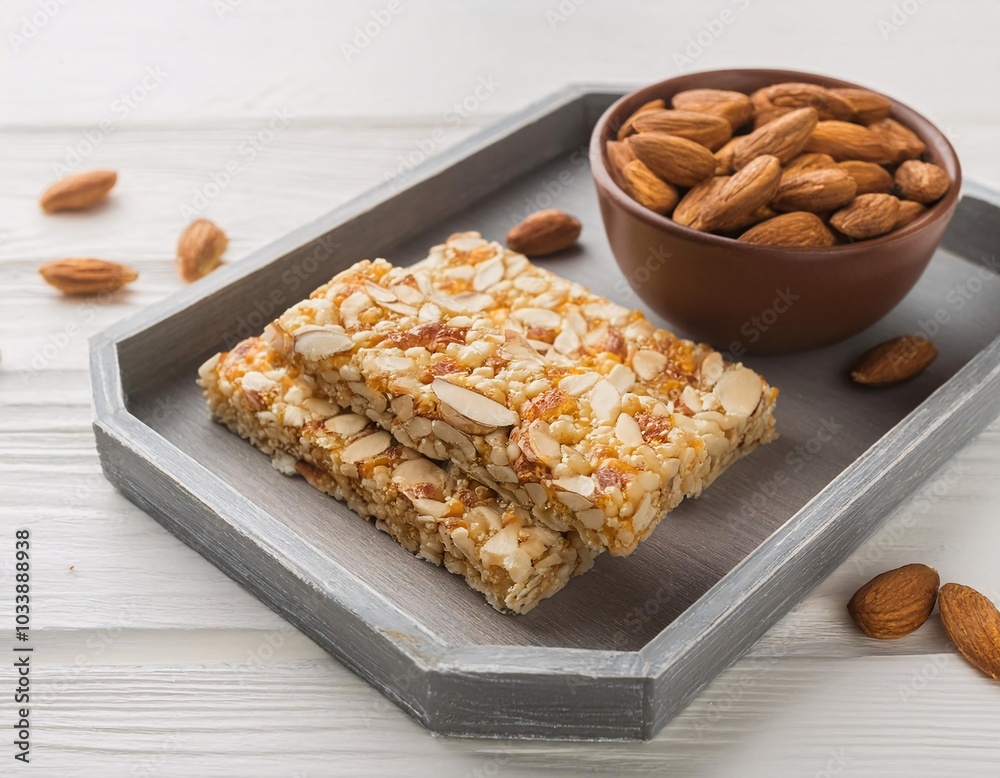 a healthy granola bar accompanied by a bowl of almonds. generative ai a healthy granola bar accompanied by a bowl of almonds. generative ai