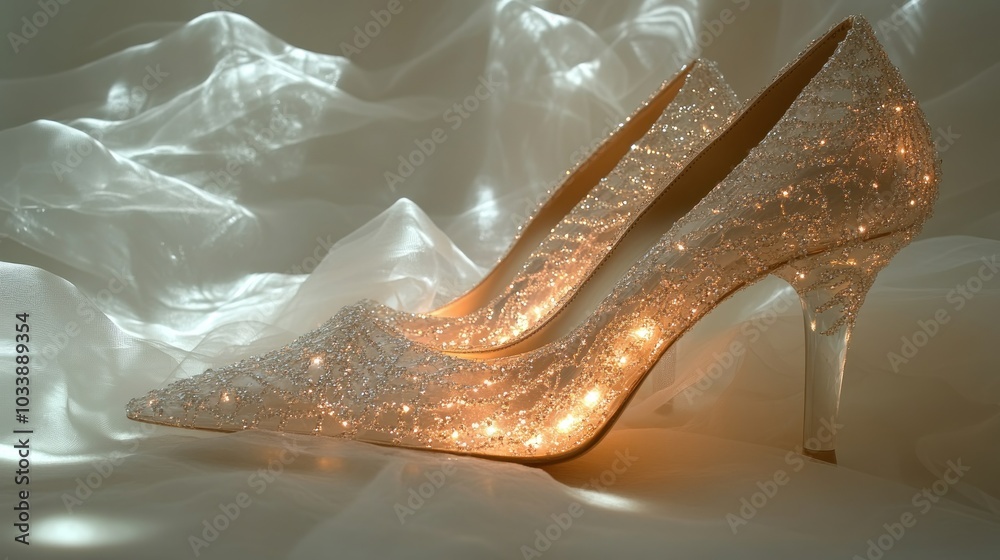 Elegant sparkling high-heeled shoes illuminated on soft fabric. Elegant sparkling high-heeled shoes illuminated on soft fabric.