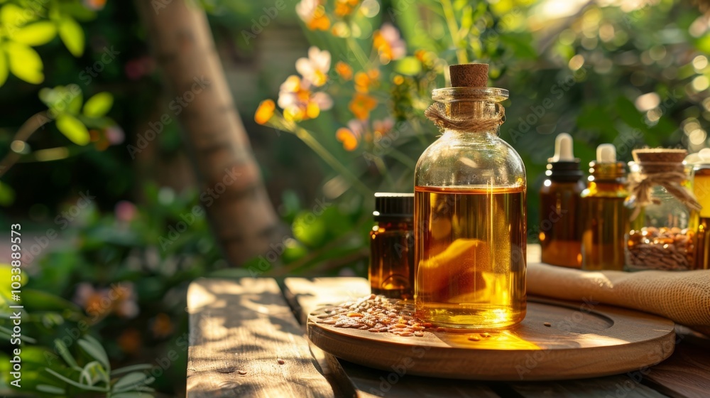 linseed oil on the table in small bottles, selective focus, Generative AI, linseed oil on the table in small bottles, selective focus, Generative AI,