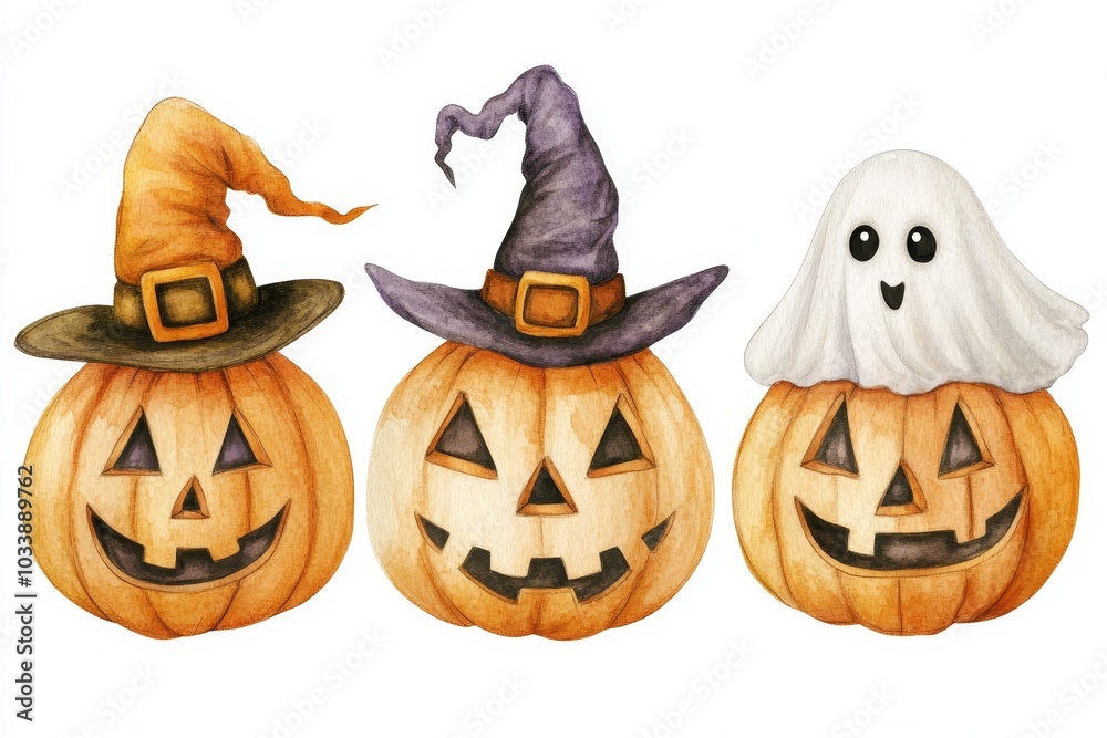Illustrations of Halloween characters and symbols in watercolor Illustrations of Halloween characters and symbols in watercolor