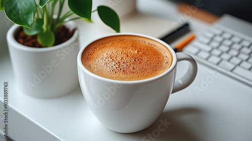 A Cozy Coffee Moment with Plant Decor on a Desk