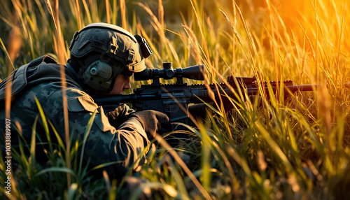 An army sniper lies low in the grass, carefully taking aim through a high-powered scope. The sniper's camouflaged gear blends seamlessly with the surrounding foliage photo