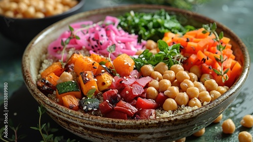 A colorful bowl featuring quinoa, roasted vegetables, chickpeas, and fresh herbs.