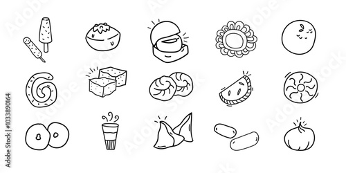 Indian Street Food Doddle Set,Line art for delicacy clip-art,Sweet and Salty Dishes icon set.Background design element. 