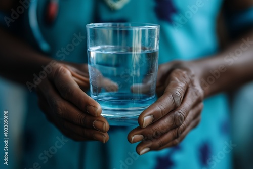 Close up of nurses hands presenting a glass of water, blue scrubs visible in the background