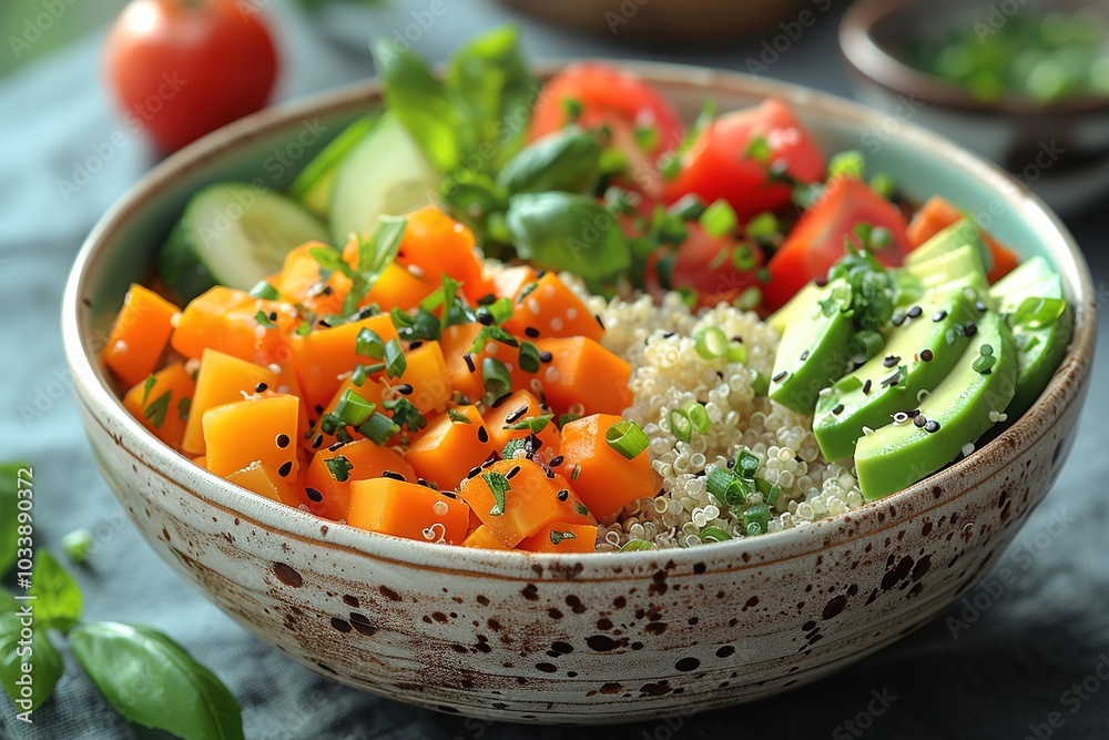 A colorful salad bowl with quinoa, fresh vegetables, and herbs, showcasing healthy eating. A colorful salad bowl with quinoa, fresh vegetables, and herbs, showcasing healthy eating.