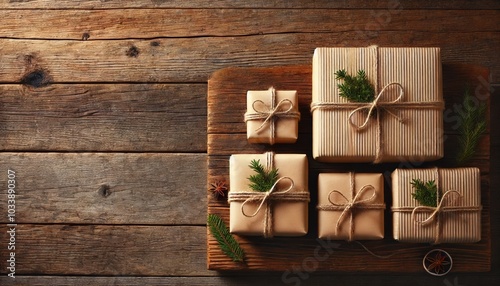 Natural rustic gift wrapping with pine branches and wooden background photo