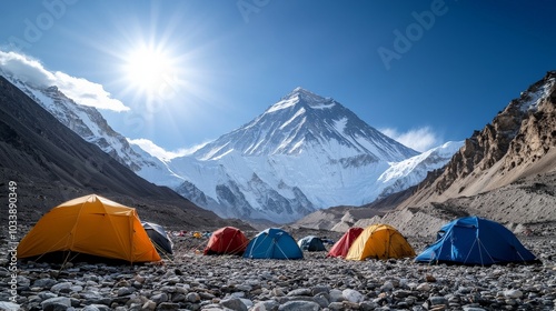 A view of Mount Everest from Base Camp, with colorful tents set up on the rocky terrain, as the massive, snow-covered peak looms in the background under bright sunlight photo