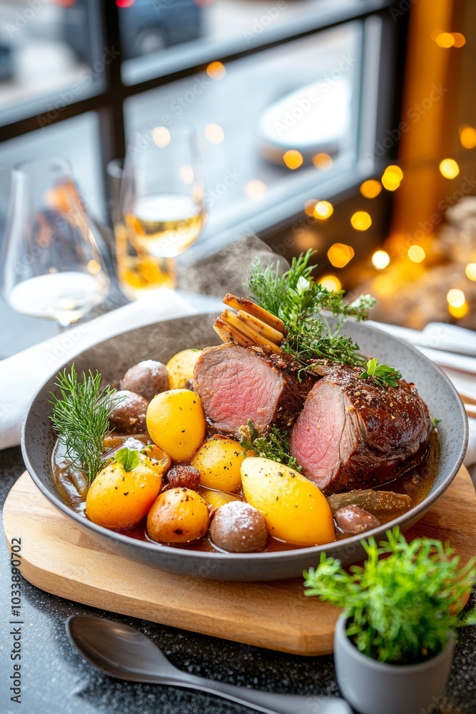 Plato principal de filete de carne jugoso acompañado de papas baby y hierbas frescas, servido en un restaurante con decoración festiva.
Plato principal de filete de carne jugoso acompañado de papas baby y hierbas frescas, servido en un restaurante con decoración festiva.
