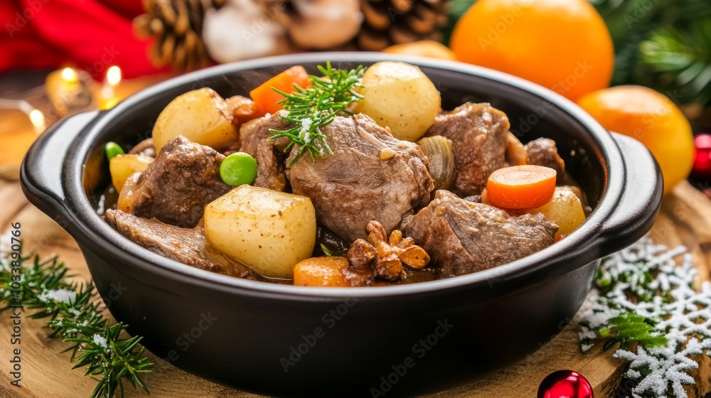Plato de guiso de carne con papas y zanahorias servido en una cazuela negra, decorado con ramas de romero y adornos navideños alrededor.
Plato de guiso de carne con papas y zanahorias servido en una cazuela negra, decorado con ramas de romero y adornos navideños alrededor.