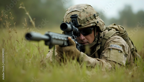 An army sniper lies low in the grass, carefully taking aim through a high-powered scope. The sniper's camouflaged gear blends seamlessly with the surrounding foliage photo