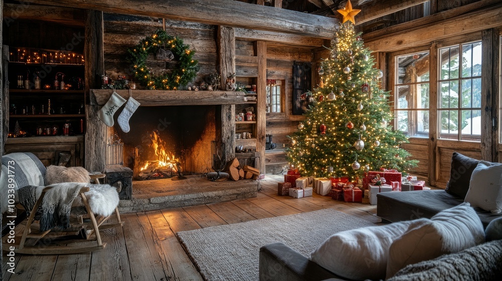 A rustic living room with a wooden floor, a roaring fireplace, and a Christmas tree sparkling with lights and surrounded by beautifully wrapped gifts.