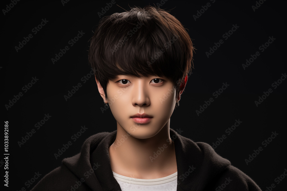 Fototapeta premium A striking portrait of a handsome Korean man with soft, tousled fringes, wearing a high-fashion coat.fringes sweeping across his forehead, glowing skin, and soft brown eyes.