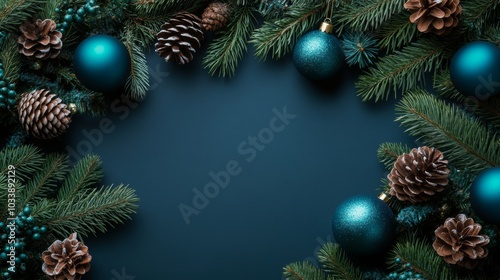 The centerpiece features dark green ornaments and pinecones on a rich, textured background