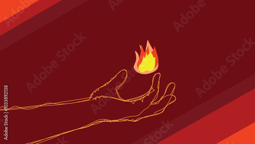 Abstract hand with fire in inferno red background.