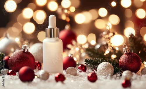 Glass dropper bottle adorned with silver decorations rests amidst the festive lighting of a winter evening