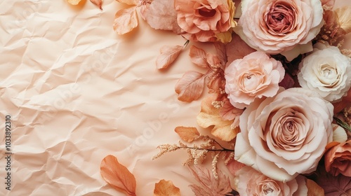 Elegant Arrangement Of Pastel Roses And Leaves On Wrinkled Beige Paper
 photo