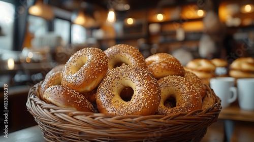 A basket of freshly baked bagels sitting in a cozy café, their golden crusts shimmering under soft lighting. The background features a warm, inviting café interior with coffee cups and fresh pastries.