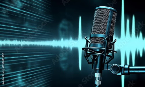 Photo of a microphone with sound waves in the background, representing podcasting and audio recording work on a blue digital backdrop. Web banner with copy space