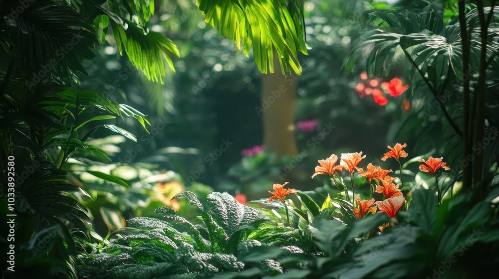 The background is softly shadowed and surrounded by lush green plants and flowers. The background is softly shadowed and surrounded by lush green plants and flowers.