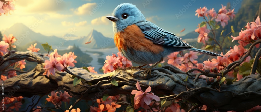 Colorful Bird in 3D Cartoon Style Under Blossoming Trees Colorful Bird in 3D Cartoon Style Under Blossoming Trees