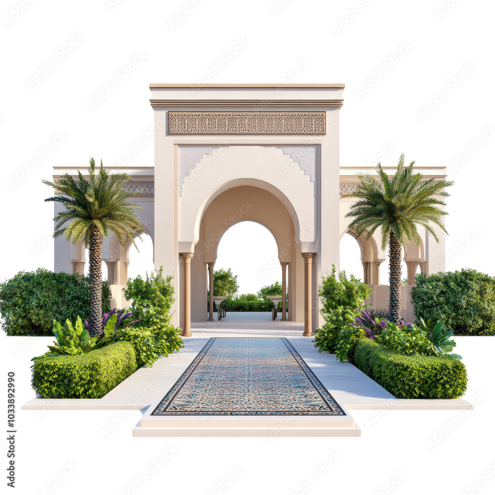 Obraz premium Elegant luxury garden pavilion inspired by Moroccan riads, blending opulence with serene outdoor beauty.