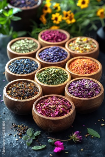 Fototapeta Naklejka Na Ścianę i Meble -  A collection of colorful bowls filled with various herbs and spices