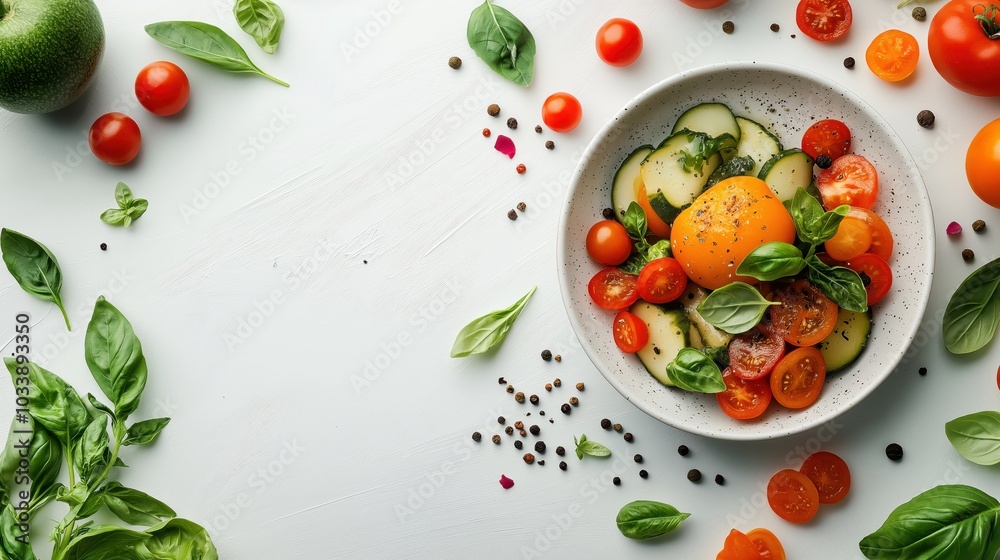 A fresh vegetable salad featuring tomatoes, cucumber, and basil, perfect for healthy meal A fresh vegetable salad featuring tomatoes, cucumber, and basil, perfect for healthy meal