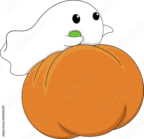 Friendly Ghost Floating with Large Pumpkin in Adorable Cartoon Style Halloween Illustration