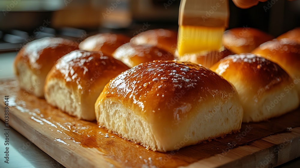 A close-up of brioche rolls being brushed with butter, their golden tops shiny and crisp, with a rustic kitchen in the background. The warm, soft lighting highlights the rich, A close-up of brioche rolls being brushed with butter, their golden tops shiny and crisp, with a rustic kitchen in the background. The warm, soft lighting highlights the rich,