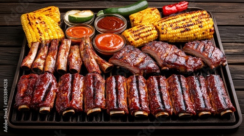 Un plato grande de costillas de cerdo a la parrilla acompañado de mazorcas de maíz asado y salsas de barbacoa.
