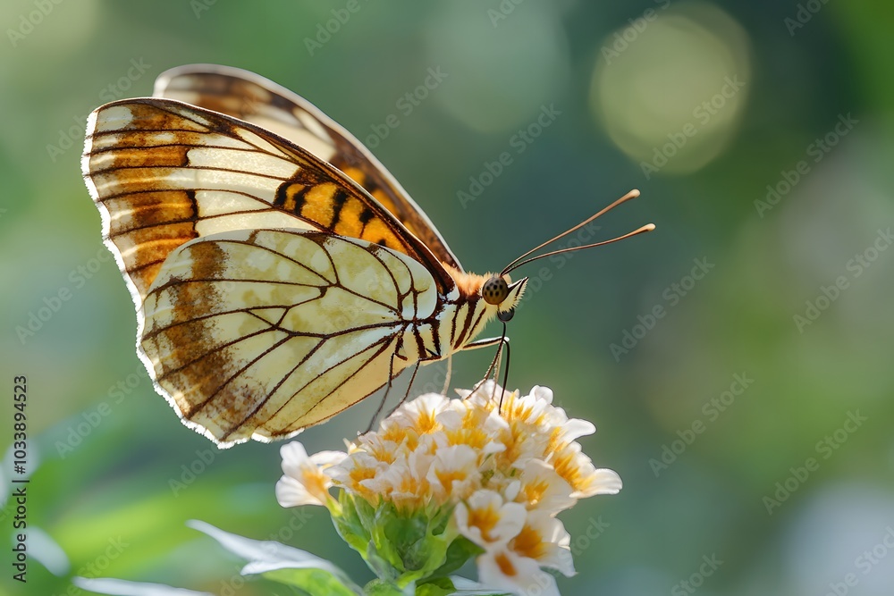 Obraz premium A close-up of a butterfly perched on a flower, showcasing its intricate wing patterns.