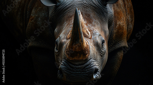 Majestic rhinoceros portrait captured in dim light showcasing its prominent horn and features