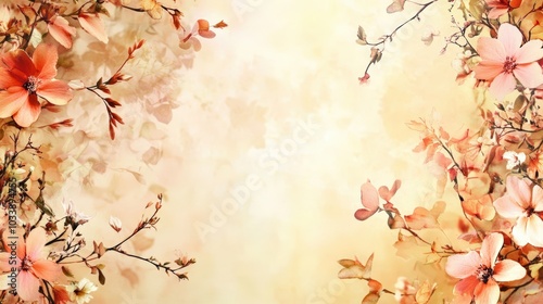 Delicate Floral Border Of Pink And Orange Blossoms On Light Background
 photo