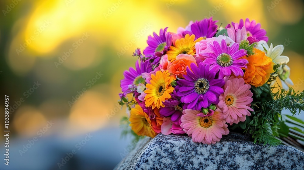 a beautifully arranged bouquet of colorful flowers placed on a cemetery stone, symbolizing remembrance and love, set against a serene background for a poignant atmosphere
