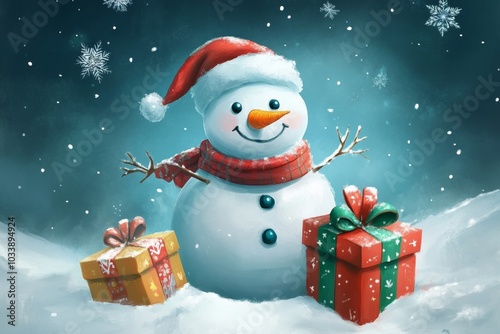 Christmas Wallpaper With a Cute Snowman Surrounded By Gifts, Snowy Background, Watercolor Design