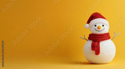 Christmas Wallpaper With a Cute Snowman Wearing Santa's Hat, Greeting Card Concept With Copy Space, Yellow Background, 3D Design