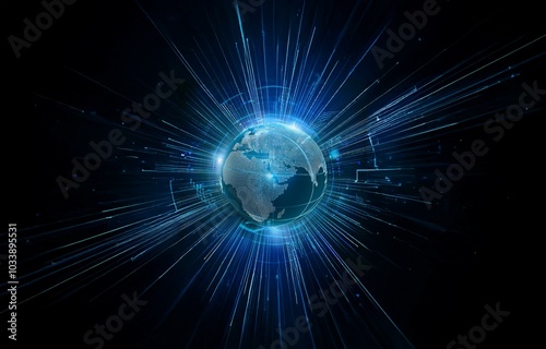 A glowing blue Earth in the center of a dark, swirling vortex of light.