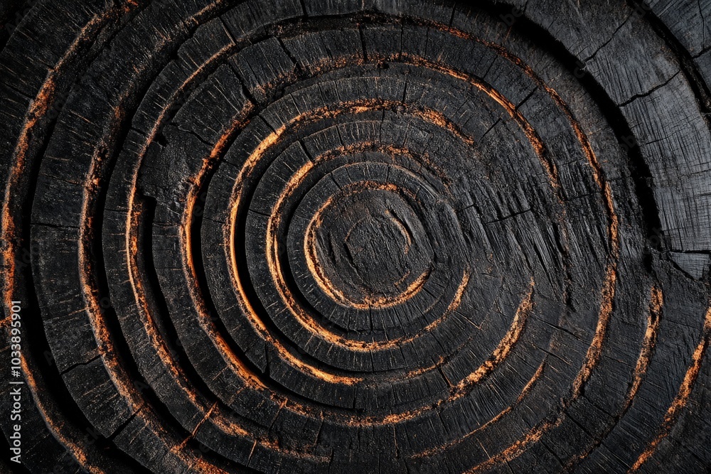 Fototapeta premium A close-up view of charred tree rings, where the contrasting dark and light textures highlight the unique and dramatic patterns created by nature's artistry.