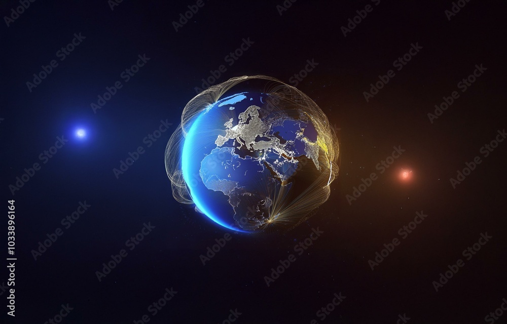 Fototapeta premium A glowing blue and gold sphere representing the earth is surrounded by stars and glowing lines in space.